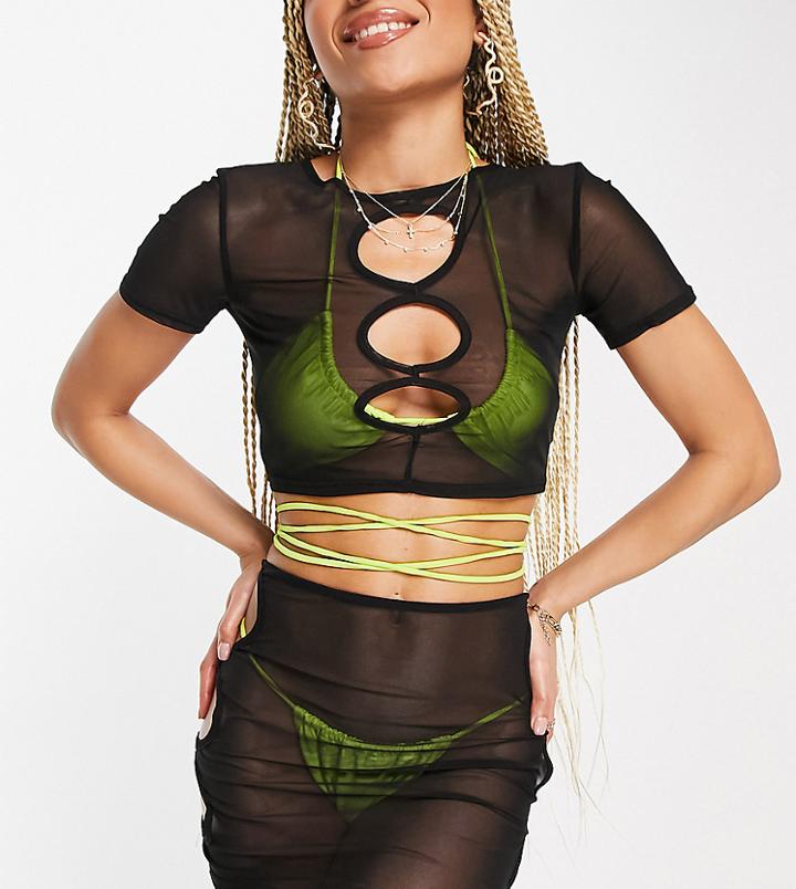 Public Desire Cut Out Crop Beach Mesh Top In Black - Part Of A Set