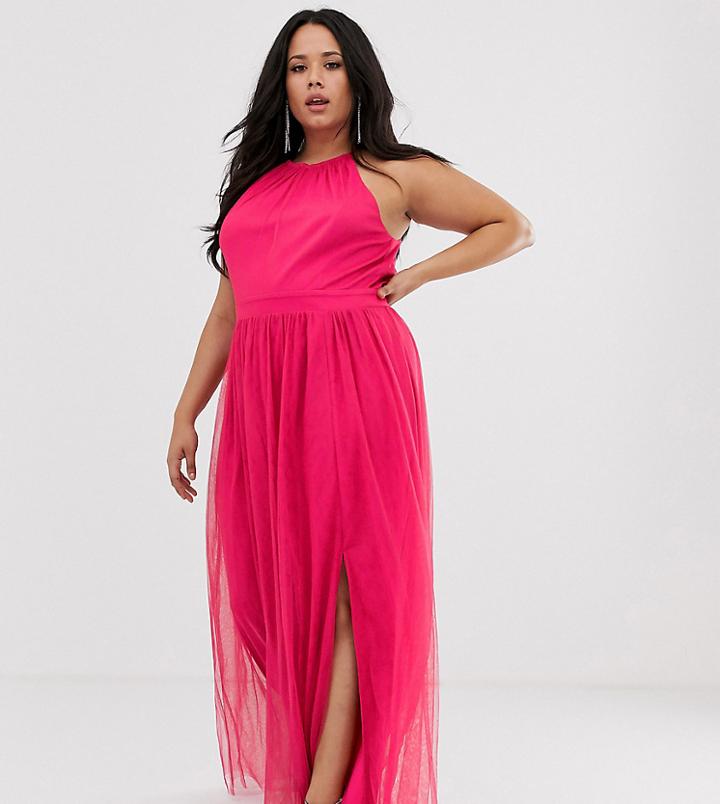 Little Mistress Plus Gathered Neck Maxi Dress In Fuschia - Pink