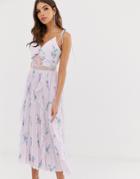 True Decadence Premium Cami Dress With Ruffle And Pleated Skirt In Watercolor Floral - Purple
