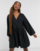 Asos Design Casual Cotton Poplin Wrap Front Mini Smock Dress In Black