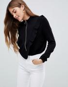 Mbym Zip Front Sweater With Ruffle Sleeve - Black