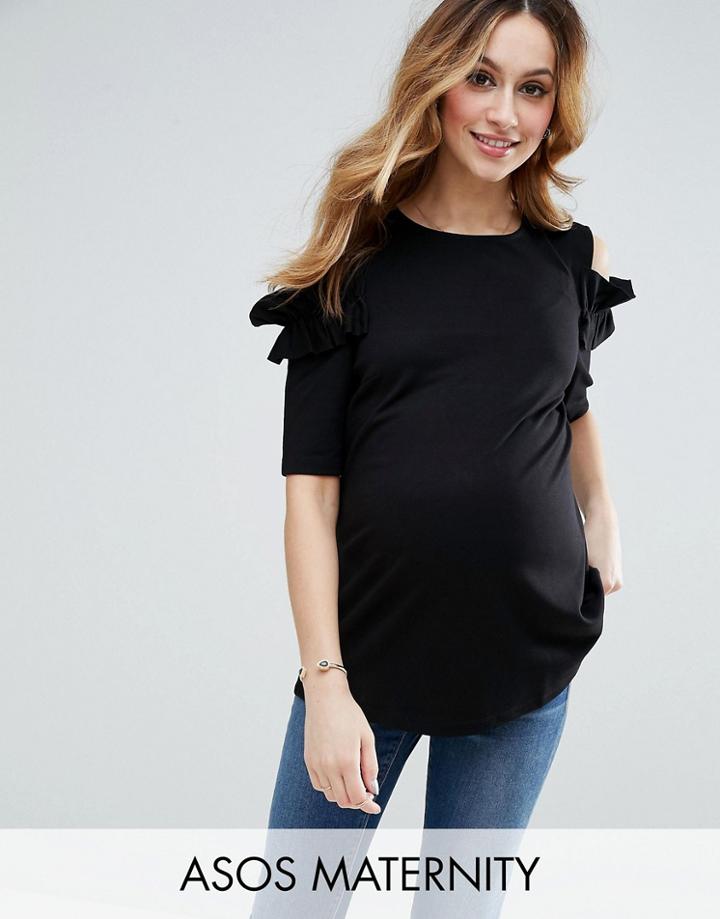Asos Maternity Top With Ruffle Cold Shoulder In Ponte - Black