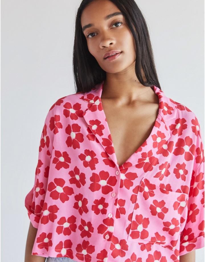 Bershka Retro Floral Short Sleeve Shirt In Pink
