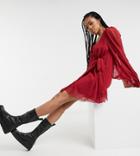 Asos Design Tall Pleated Wrap Mini Dress With Long Sleeves In Red
