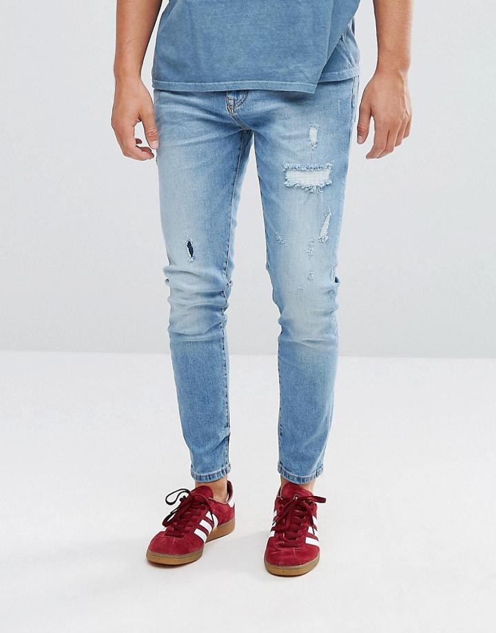 Stradivarius Slim Rip And Repair Jeans In Light Blue - Blue