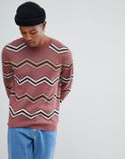 Asos Jacquard Knit Sweater With Chevron Stripes In Dark Pink - Pink