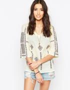 See U Soon Cheesecloth Top With Cross Stitch Embroidery - Purple