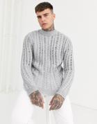 Asos Design Knitted Textured Sweater With Mesh Cable-gray