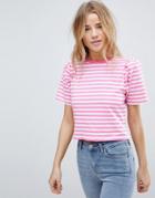 Asos T-shirt With Puff Sleeve In Bright Stripe - Pink