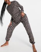 Dkny Soft Stretch Velour Long Sleeve Sweatpants Lounge Set In All Over Heart And Logo Print-black