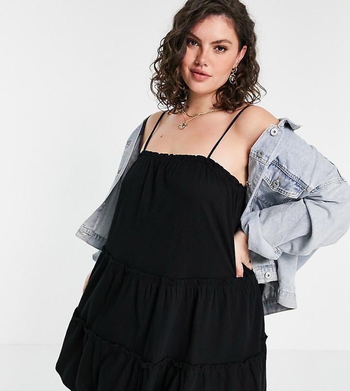 Asos Design Curve Strappy Sundress With Tiered Frill Detail In Black