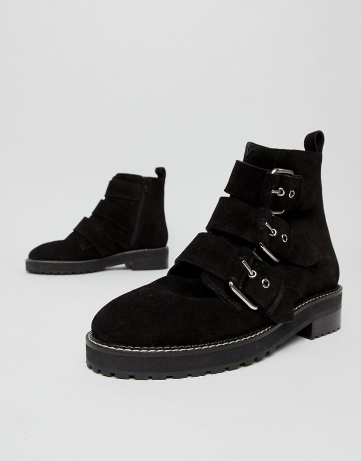 Office Artillery Chunky Black Suede Three Buckle Boots