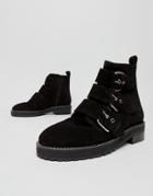 Office Artillery Chunky Black Suede Three Buckle Boots