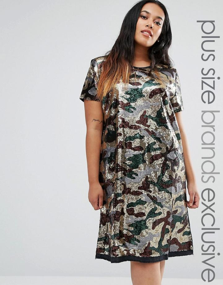Liquor & Poker Plus Sequin Oversized Dress In Camo Print - Green