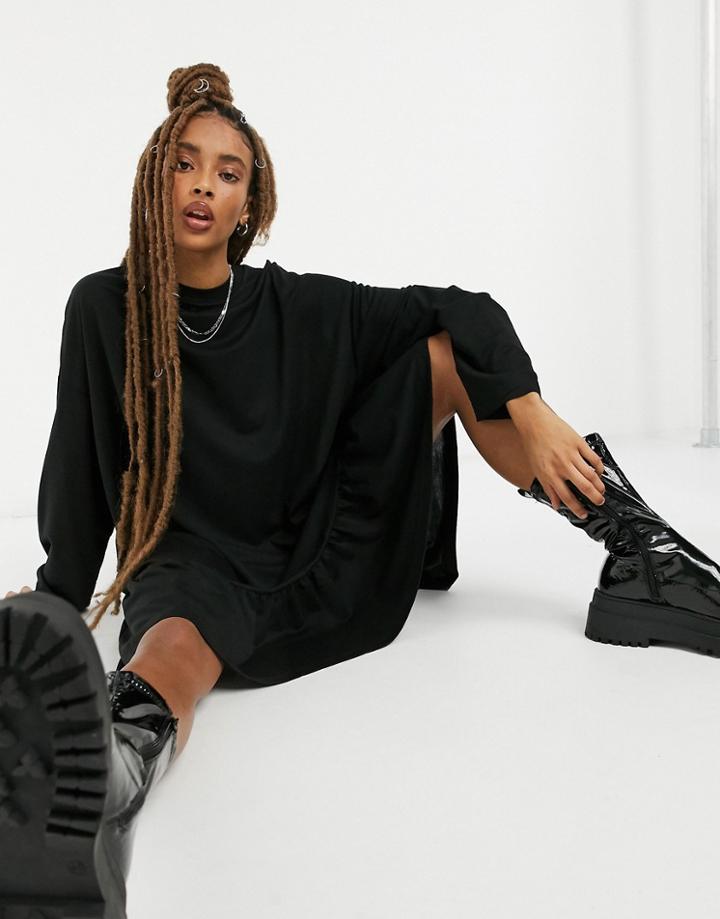 Weekday Erina Mini Smock Dress With Peplum Hem In Black
