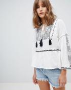 Mango Embroidered Smock Top In White - White