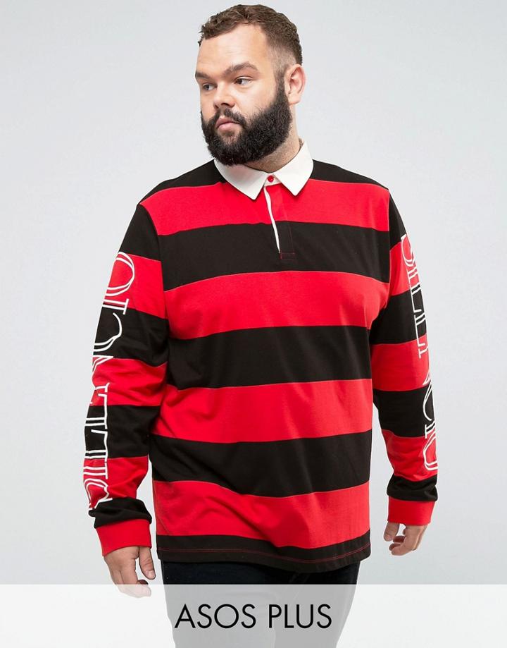 Asos Plus Relaxed Long Sleeve Rugby Polo With Block Stripe & Sleeve Print - Red