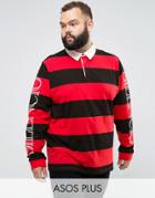 Asos Plus Relaxed Long Sleeve Rugby Polo With Block Stripe & Sleeve Print - Red