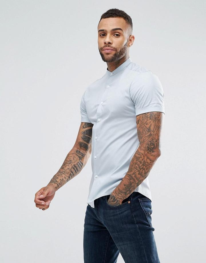 Asos Skinny Shirt In Blue With Grandad Collar - Blue