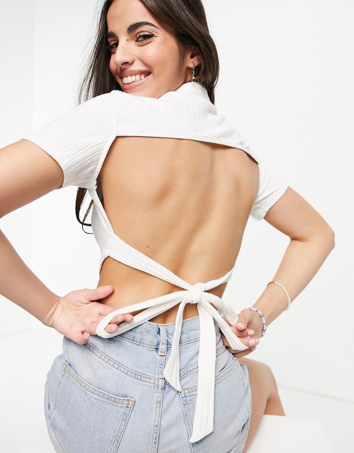Skylar Rose Backless Button Up Crop Top In Rib-white
