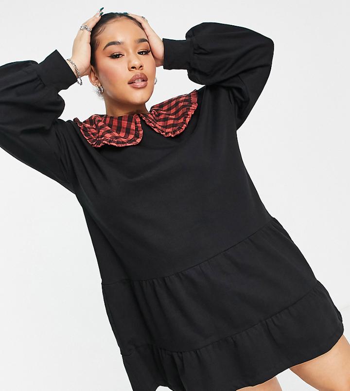 Violet Romance Plus Tiered Sweater Dress With Gingham Frill Collar In Black