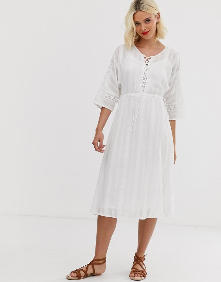 Asos Design Lace Insert Midi Dress With Lace Up Front-white