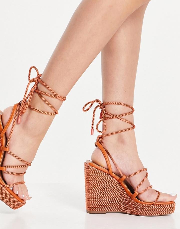 Asos Design Trace Rope Detail Square Toe Wedges In Terracotta-orange
