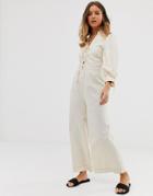 Asos Design Lace Up Front Blouson Sleeve Jumpsuit - Cream