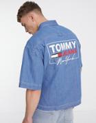 Tommy Jeans Short Sleeve Loose Back Print Worker Shirt In Denim Light-blues