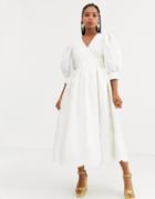 Dream Sister Jane Midaxi Wrap Dress With Volume Sleeves And Scallop Hem In Floal Jacquard-white