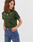 River Island T Shirt With Snake Embellishment In Khaki-green