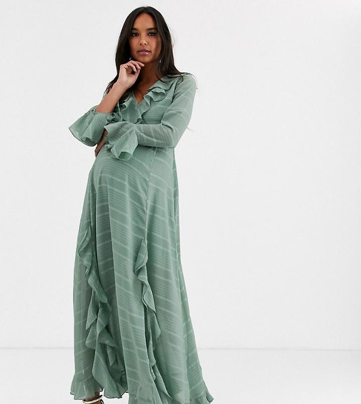 Asos Design Maternity Wrap Maxi Dress With Frills In Self Stripe-green