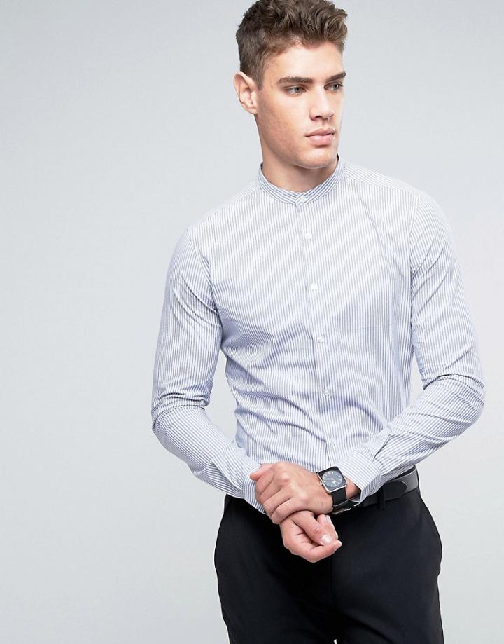 Asos Skinny Stripe Shirt With Grandad Collar In Blue - Blue