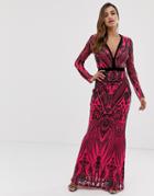 Goddiva Sequin Embellished Plunge Maxi Dress In Black And Pink - Multi