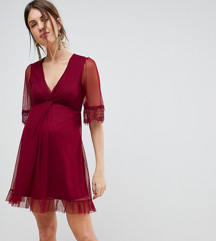 Asos Maternity Dobby Knot Front Lace Trim Mini Skater Dress - Purple