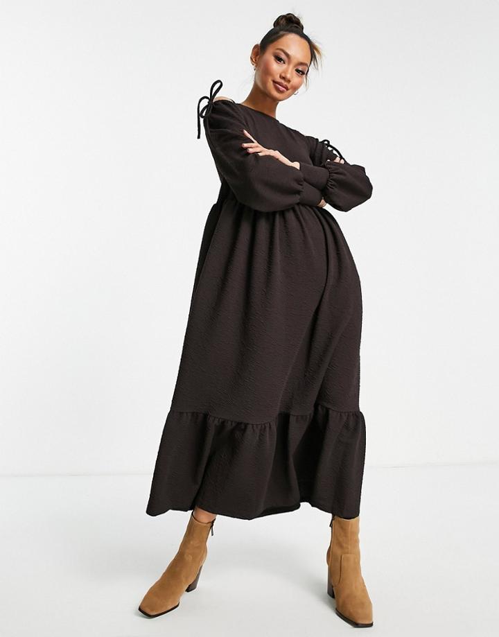River Island Cold Shoulder Textured Midi Dress In Brown