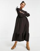 River Island Cold Shoulder Textured Midi Dress In Brown
