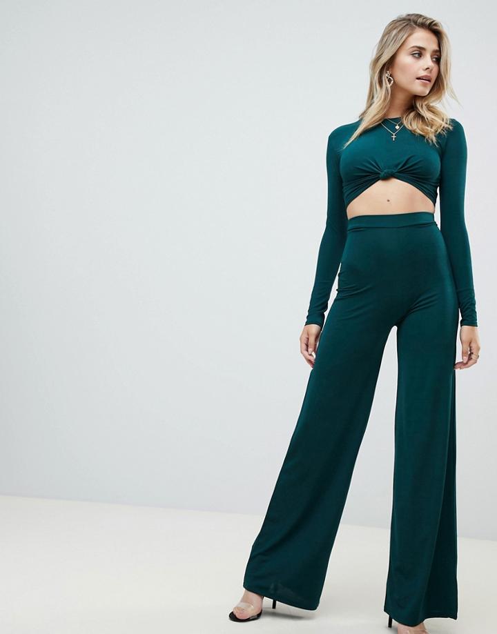 Prettylittlething Wide Leg Slinky Trousers In Green - Green