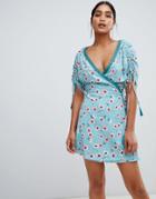 Liquorish Floral Print Wrap Mini Dress-blue