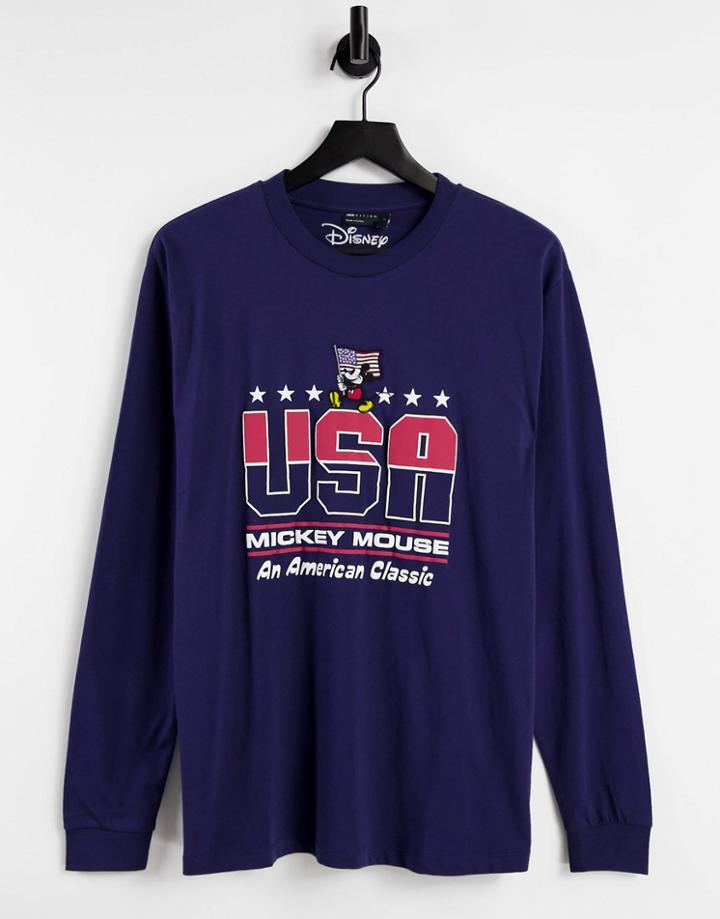 Asos Design Long Sleeve T-shirt With Mickey Us Print In Navy