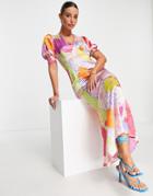Never Fully Dressed Puff Sleeve Maxi Tea Dress In Contrast Floral Prints-multi
