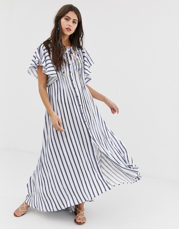 Aratta Maxi Dress In Stripe With Floral Embroidery - White