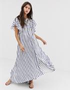 Aratta Maxi Dress In Stripe With Floral Embroidery - White