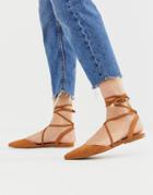 Asos Design Lawful Plaited Tie Leg Pointed Ballet Flats In Tan - Brown