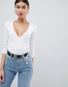 Prettylittlething Ribbed Wrap Top - White
