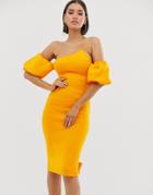Asos Design Bubble Sleeves Asymmetric Midi Dress - Orange