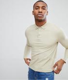 Asos Design Pique Long Sleeve Polo With Button Down Collar In Beige - Beige