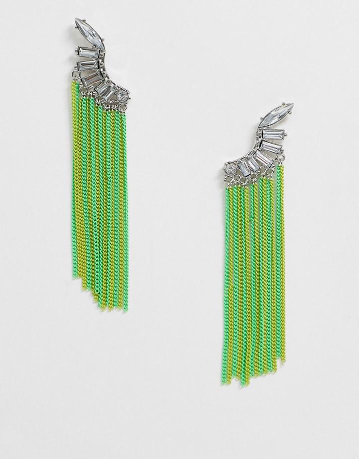 Asos Design Earrings With Crystal Fan Stud And Color Pop Chain Strands