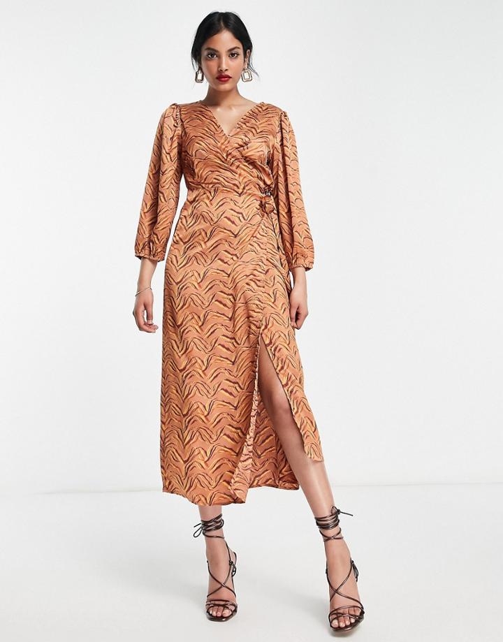 Vila Satin Wrap Midi Dress In Copper Zebra Print-orange