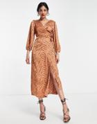 Vila Satin Wrap Midi Dress In Copper Zebra Print-orange